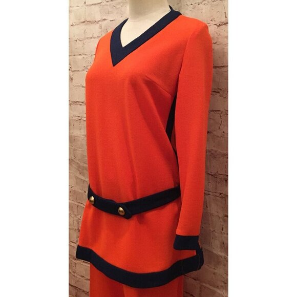 Vintage Sacony 2 pc Pantsuit Orange Navy Blue Mod Tunic + Pants Retro 60’s/70’s - Picture 3 of 6